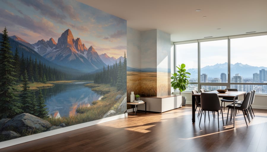 Modern Calgary living room interior featuring custom Rocky Mountain landscape mural on feature wall