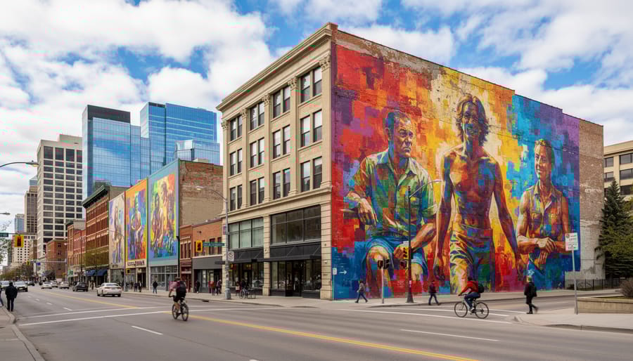 Mural artist painting colorful abstract design on exterior building wall in Calgary