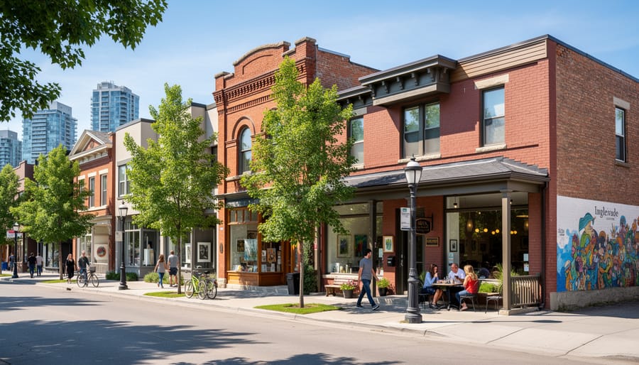 Aerial view of Calgary's Inglewood arts district showing tree-lined streets and historic homes