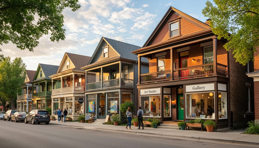 Historic Victorian home in Calgary arts district with colorful street art murals visible on neighboring building